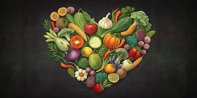 A collection of fruits and vegetables arranged to form a heart pattern.
