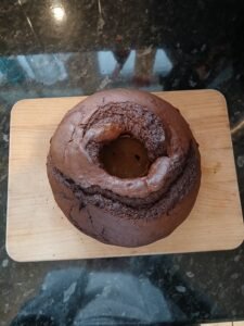 Chocolate bunt cake on a cutting board