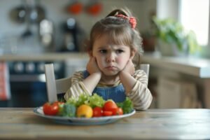 Child sitting at a table looking at a bowl of fruits.